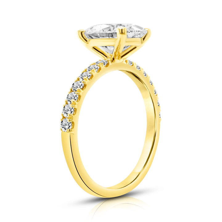 14 karat yellow gold 2ct oval lab-grown diamond pave engagement ring, side view