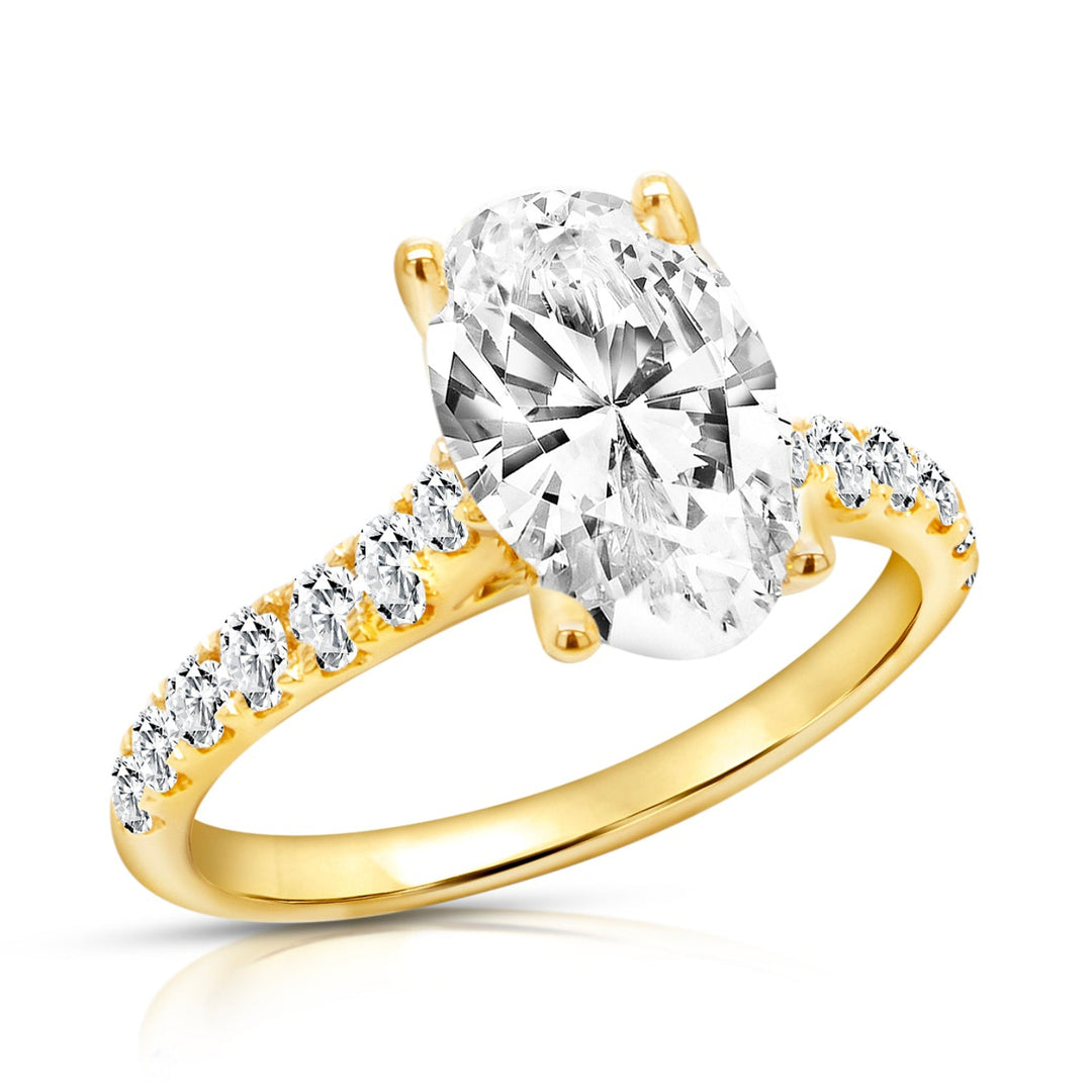 Angled view of the 14 Karat 2ct oval lab grown diamond engagement ring on a pure white background