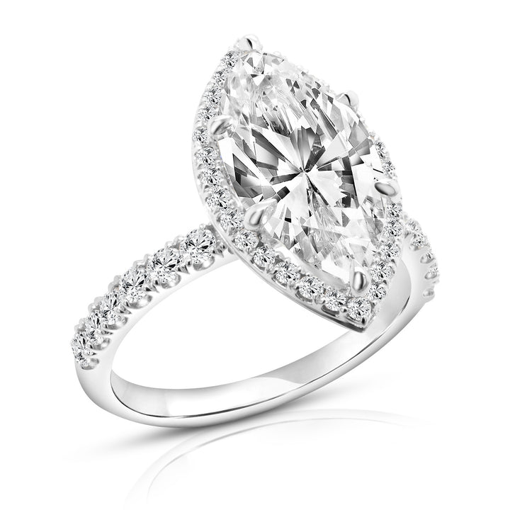 14 karat white gold 3ct marquise lab-grown diamond halo engagement ring, angled three-quarter view