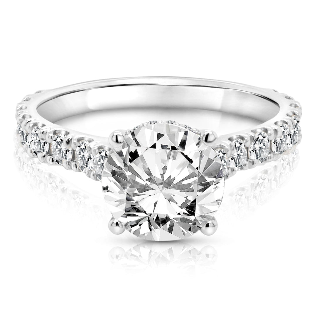 14 karat white gold 3ct round lab grown diamond hidden halo engagement ring with diamond accent band, front view
