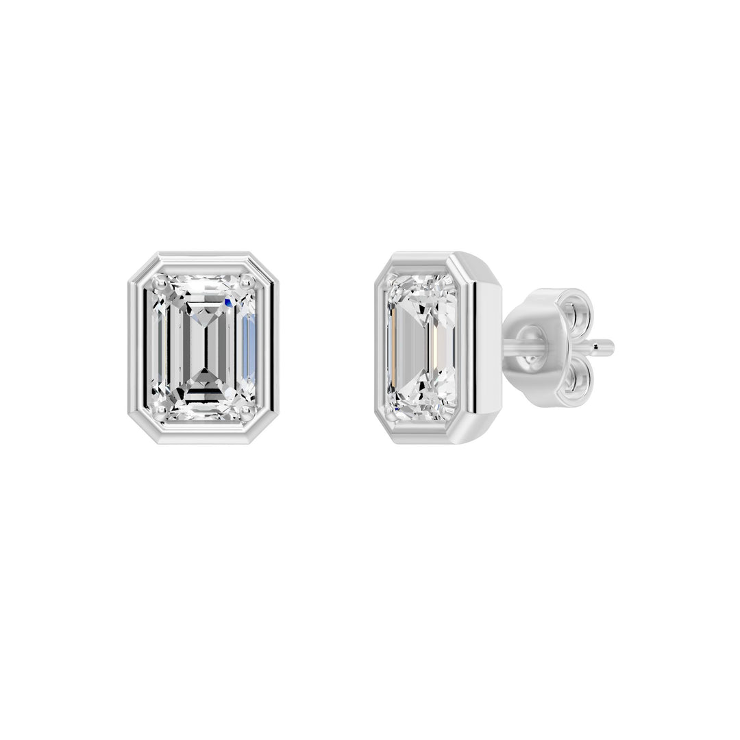 14K white gold bezel-set emerald-cut lab-grown diamond stud earrings 2.08 carats
