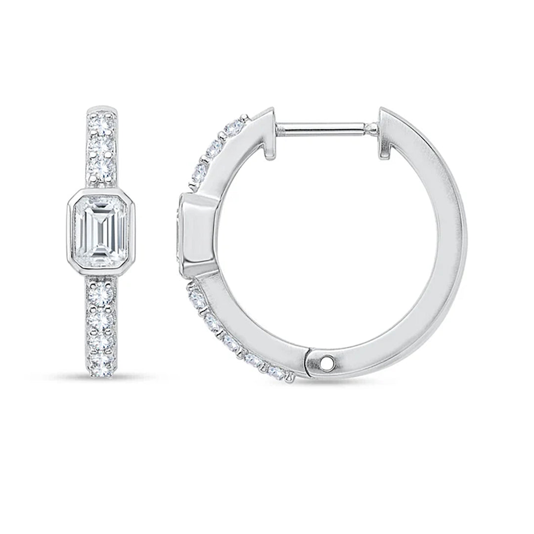 14K white gold hoop earrings with bezel-set emerald-cut lab grown diamonds and round lab grown diamond accents, front and side view
