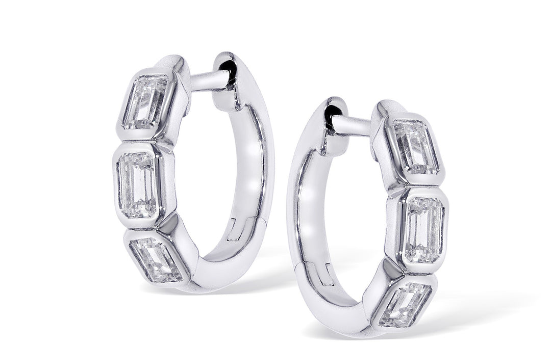 14K white gold huggie earrings with emerald-cut lab-grown diamonds