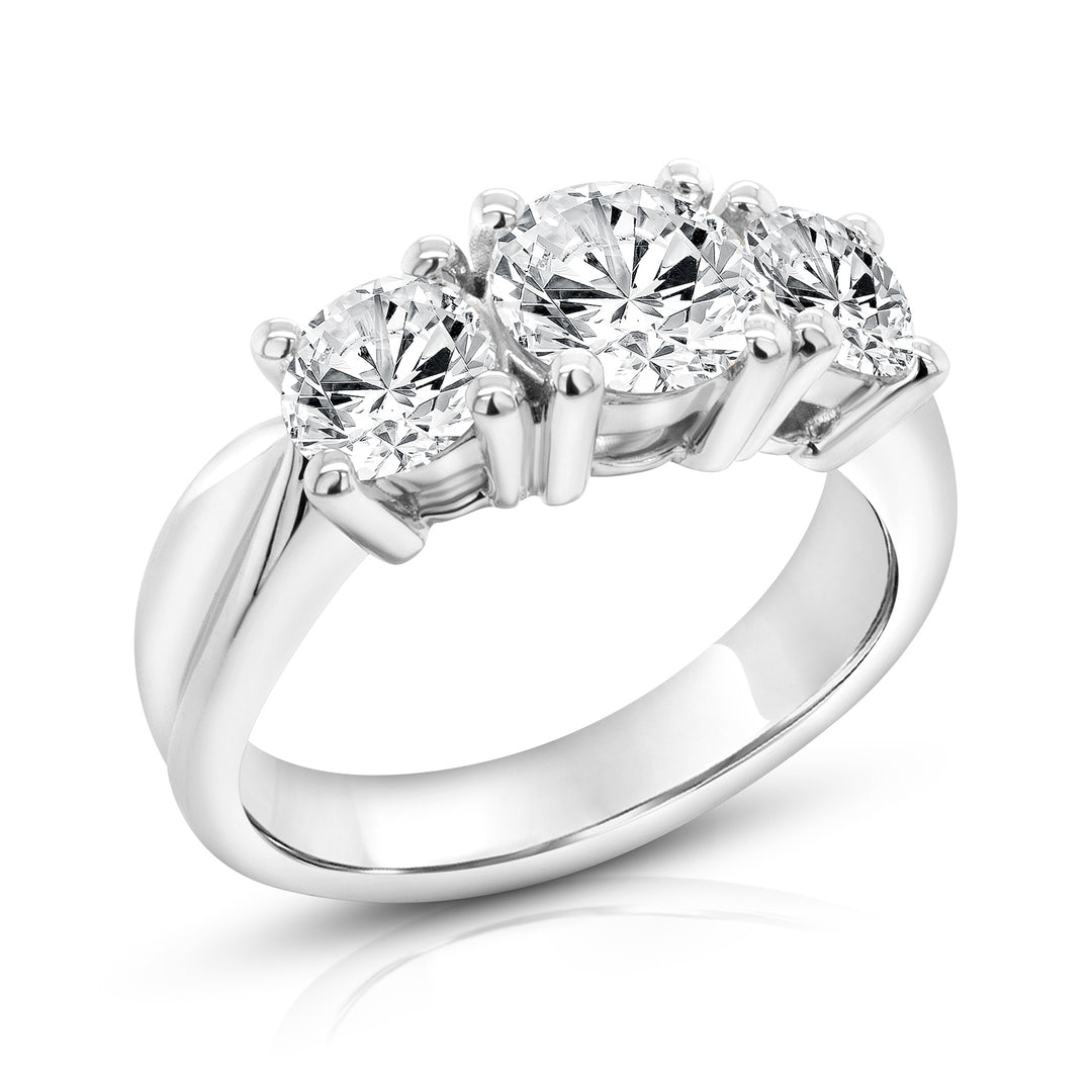 14 karat white gold lab grown diamond three-stone anniversary ring, angled three-quarter view