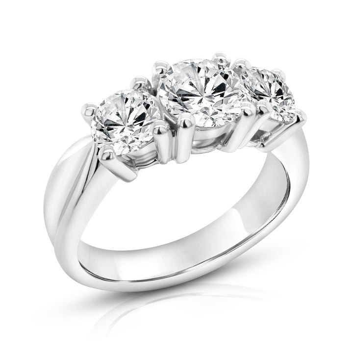 14 karat white gold lab grown diamond three-stone anniversary ring, angled three-quarter view