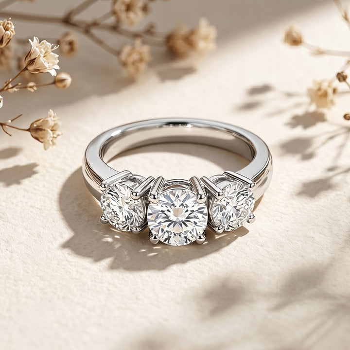 14 karat white gold lab grown diamond three-stone anniversary ring shown from the front on a styled display at AJ's Jewelry in Ridgewood, Queens NY