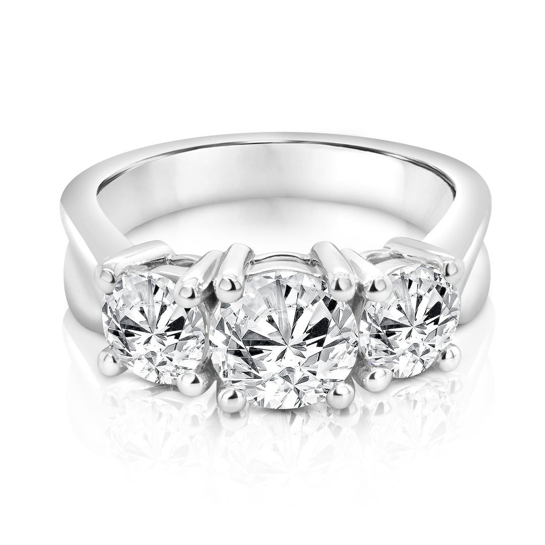14 karat white gold lab grown diamond three-stone anniversary ring with round center and side stones, front view