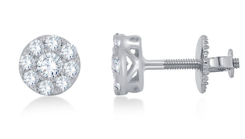 14K white gold round lab-grown diamond cluster stud earrings with screw backs