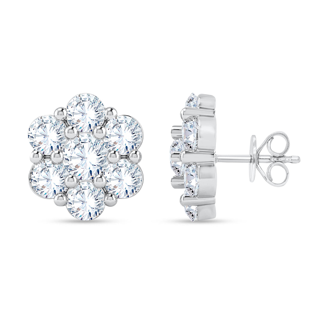 14K white gold round lab-grown diamond flower cluster stud earrings