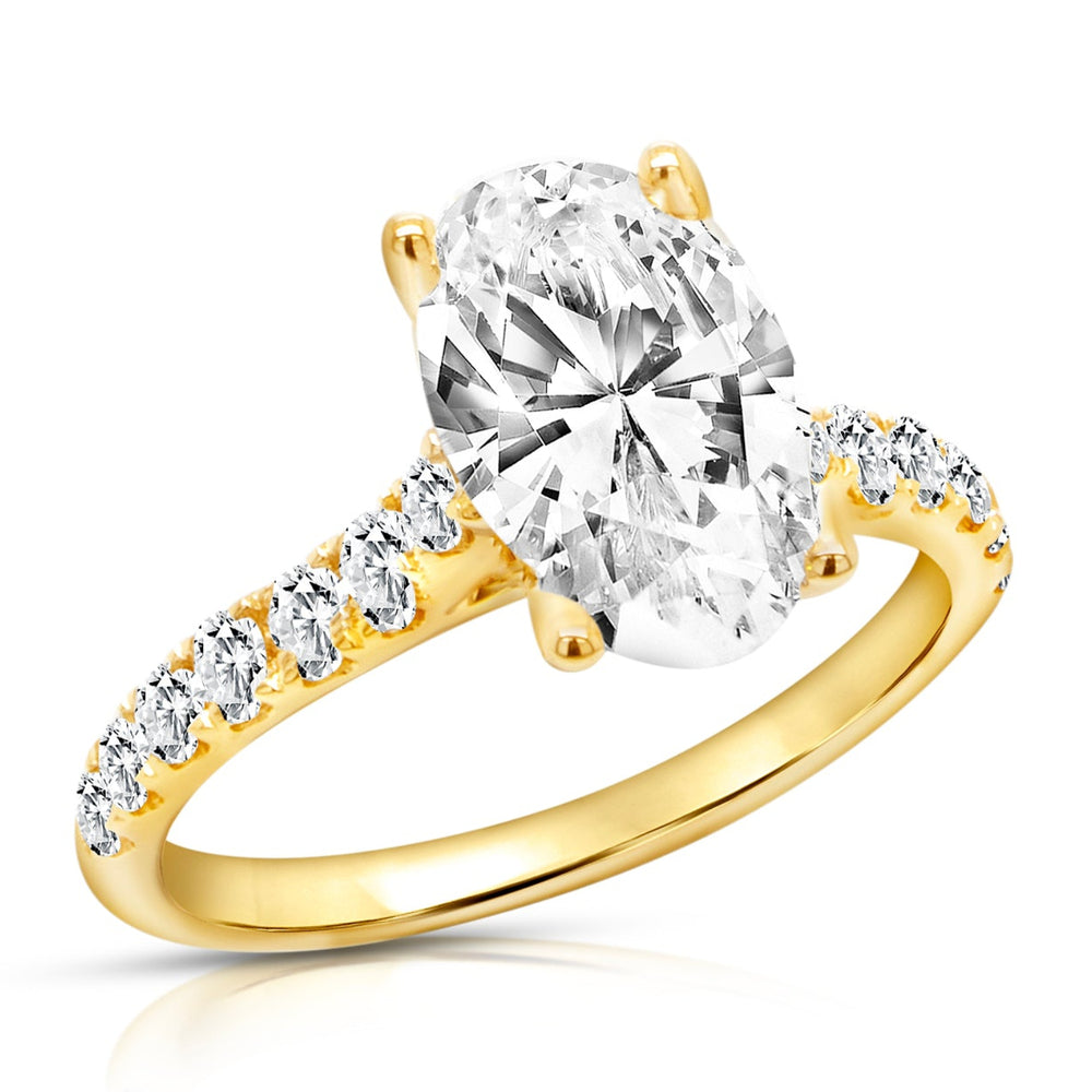 14 karat yellow gold 2ct oval lab grown diamond cathedral engagement ring with diamond accent band, angled three-quarter view
