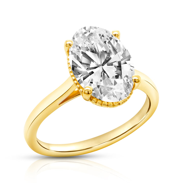 14 karat yellow gold 2ct oval lab grown diamond solitaire engagement ring, angled three-quarter view