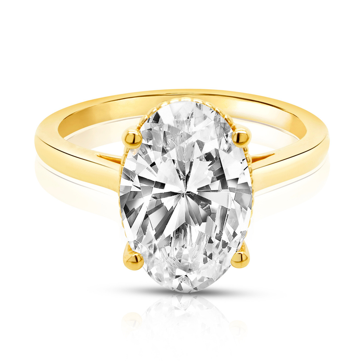 14 karat yellow gold 2ct oval lab grown diamond solitaire engagement ring with milgrain cathedral setting, front view