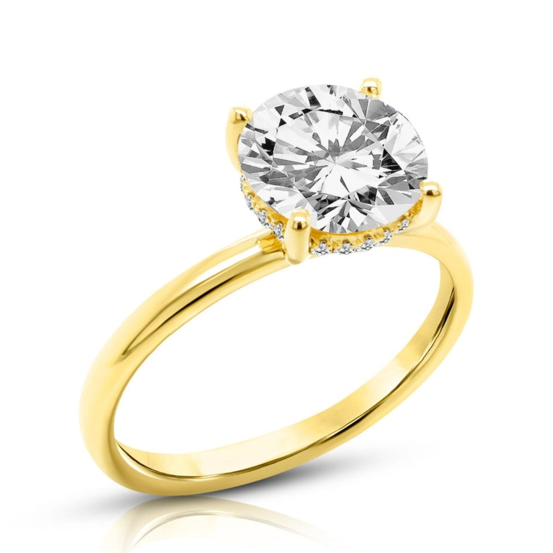 14k yellow gold 2ct round hidden halo lab grown diamond engagement ring, angled view, AJ's Jewelry Queens NY