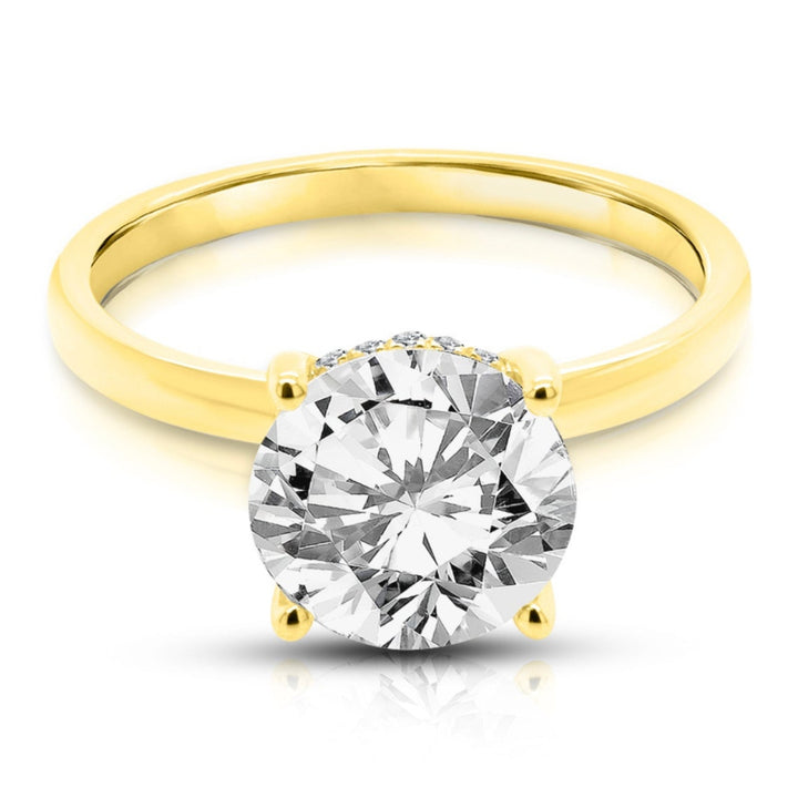 14 karat yellow gold 2ct round lab-grown diamond hidden halo engagement ring, front view