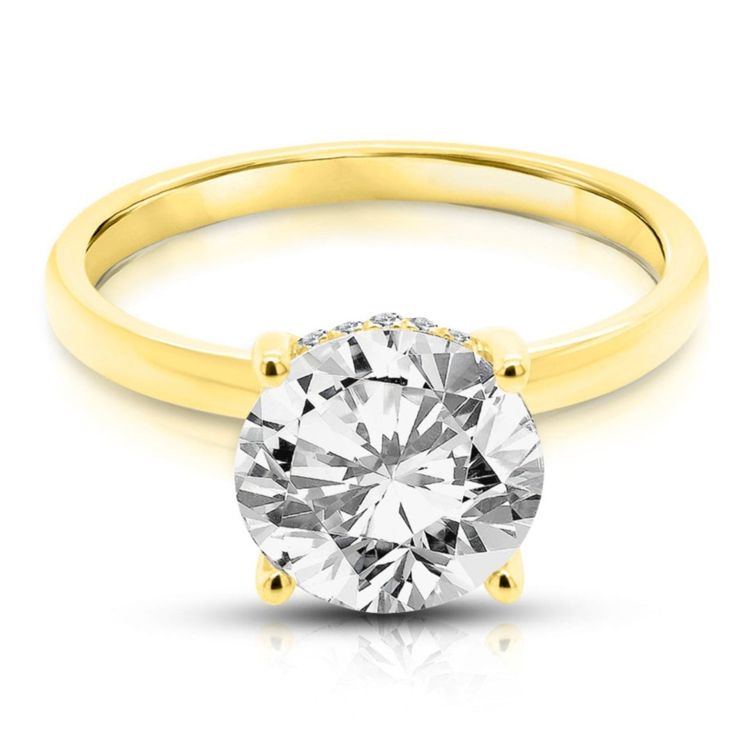 14k yellow gold 2ct round hidden halo lab grown diamond engagement ring, front view, AJ's Jewelry Queens NY