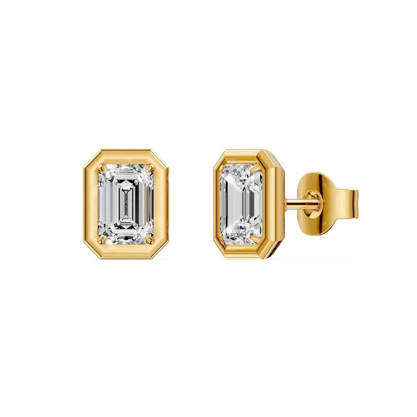 14K yellow gold bezel-set emerald-cut lab-grown diamond stud earrings 1.09 carats