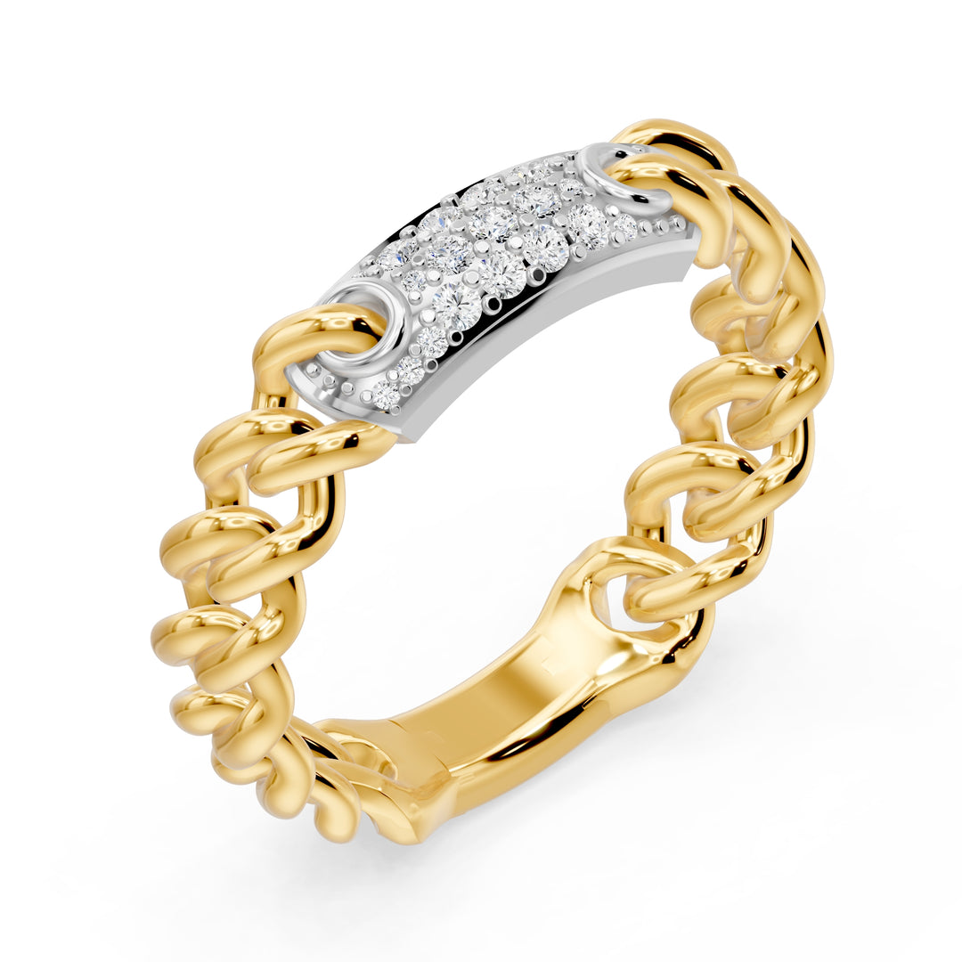 14K yellow gold chain-link fashion ring with lab-grown diamond pave center plate