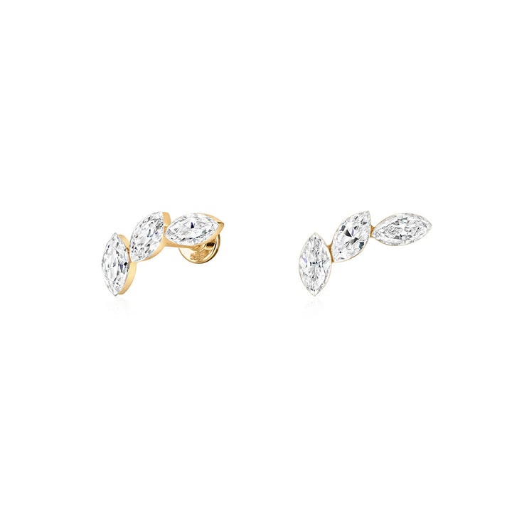 14K yellow gold flat back stud earrings with three marquise lab grown diamonds in a curved line