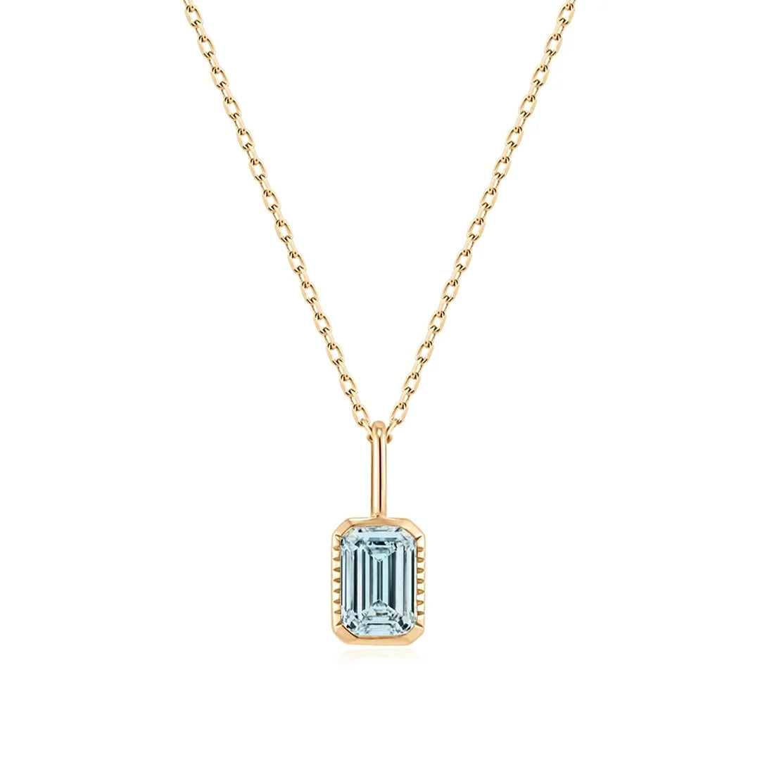 14K yellow gold pendant necklace with a bezel-set emerald-cut lab grown aquamarine