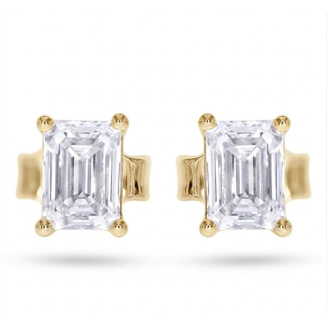 14K yellow gold solitaire stud earrings with four-prong emerald-cut lab grown diamonds
