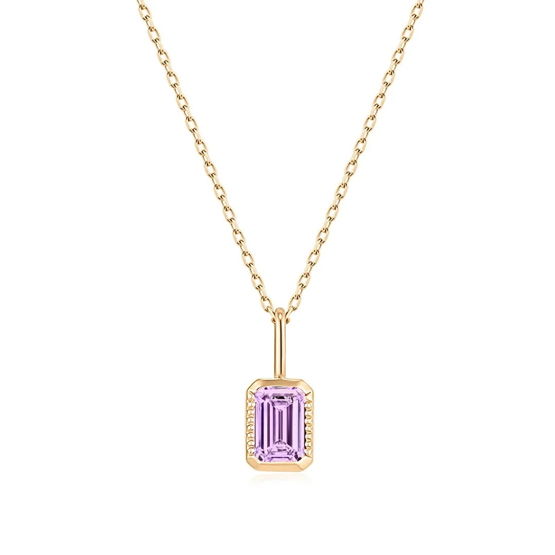 14K yellow gold pendant necklace with a bezel-set emerald-cut natural amethyst