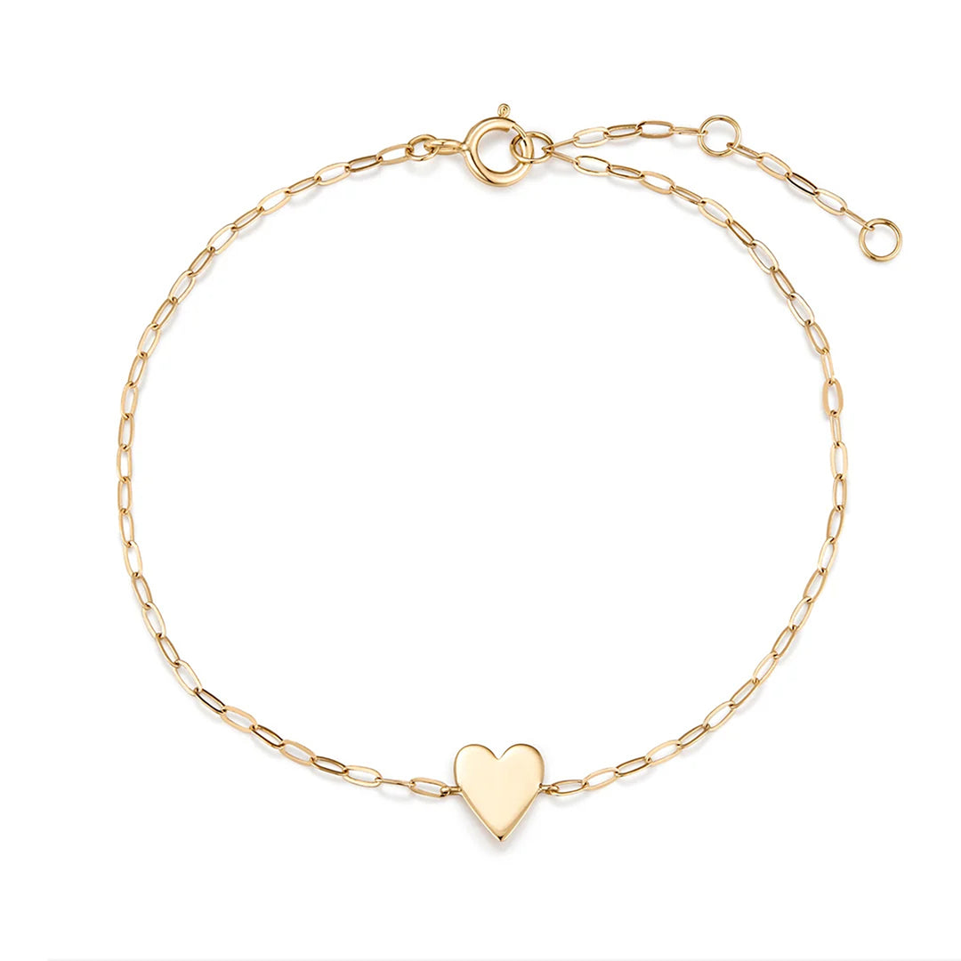 14K yellow gold link chain bracelet with a polished engravable heart plate