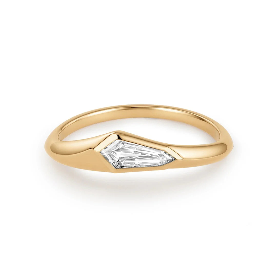 14K yellow gold geometric solitaire ring with an elongated fancy-cut lab grown diamond
