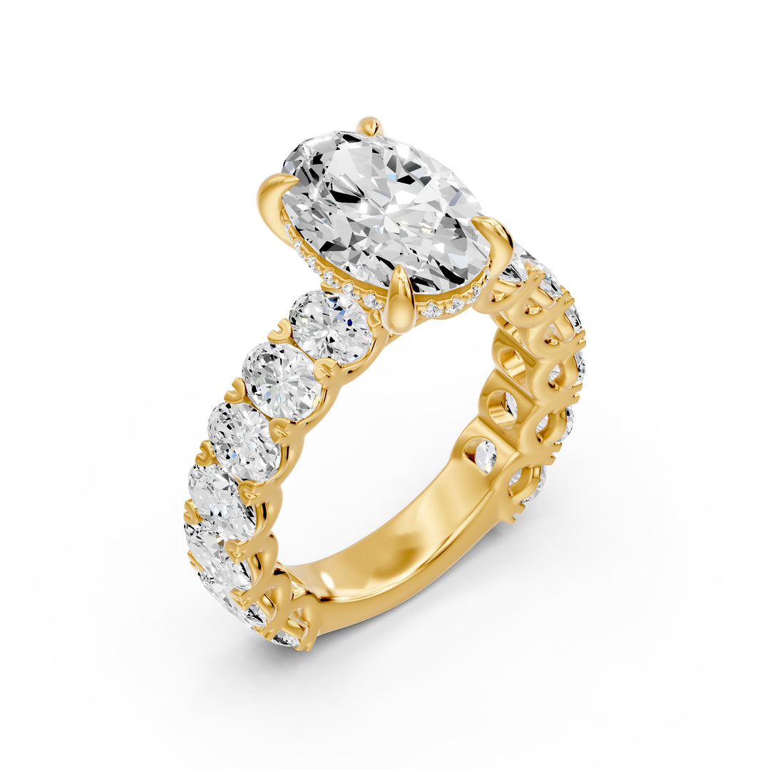 14K yellow gold hidden halo engagement ring with oval lab-grown diamond and eternity band