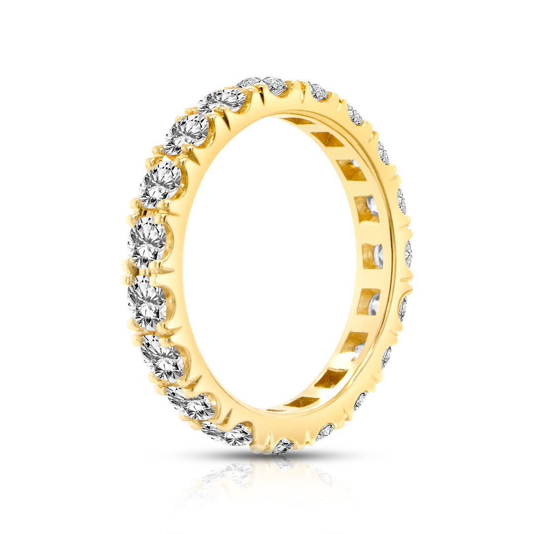 14 karat yellow gold lab grown diamond eternity band, side profile showing the full circle of round diamonds