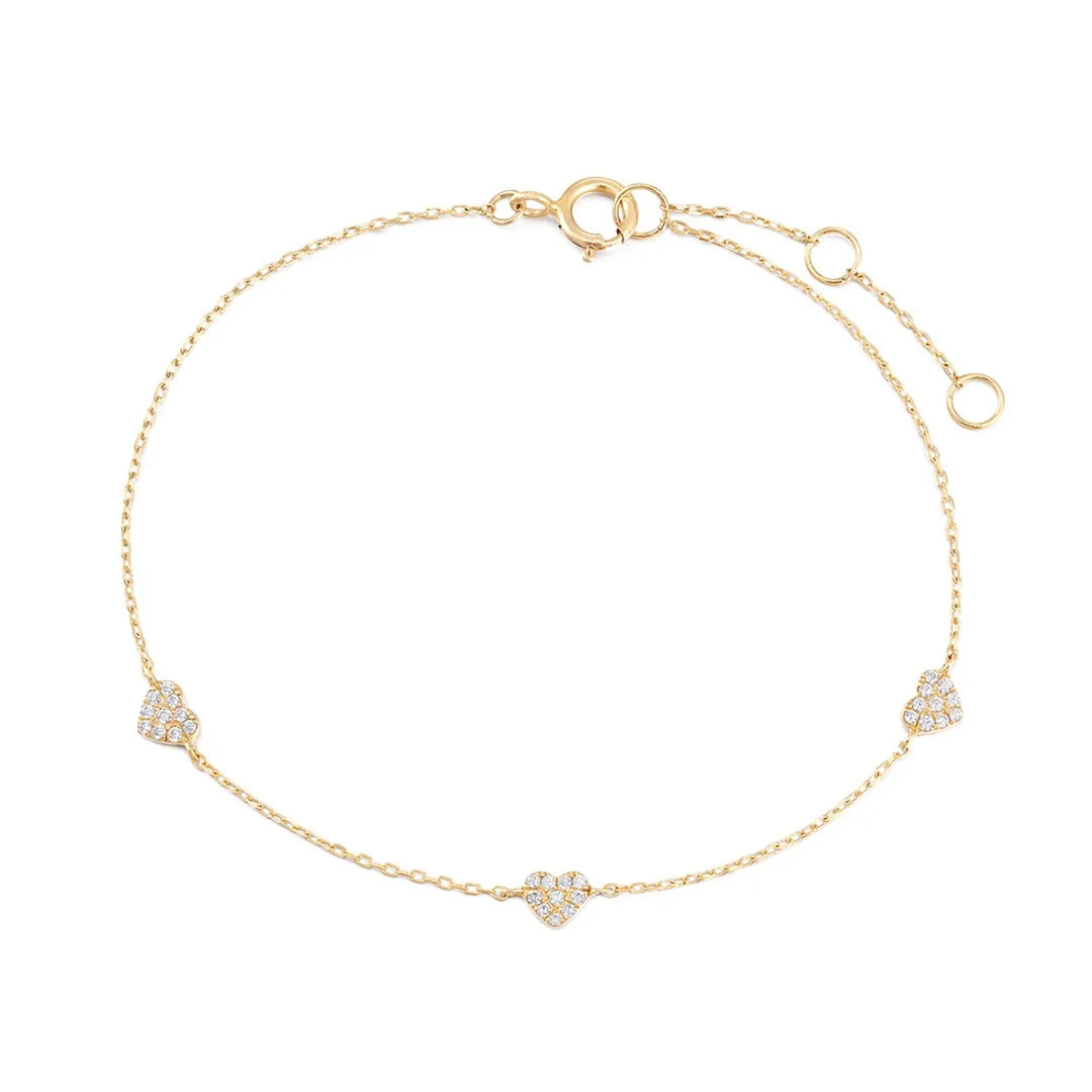 14K yellow gold chain bracelet with three pavé lab grown diamond heart stations