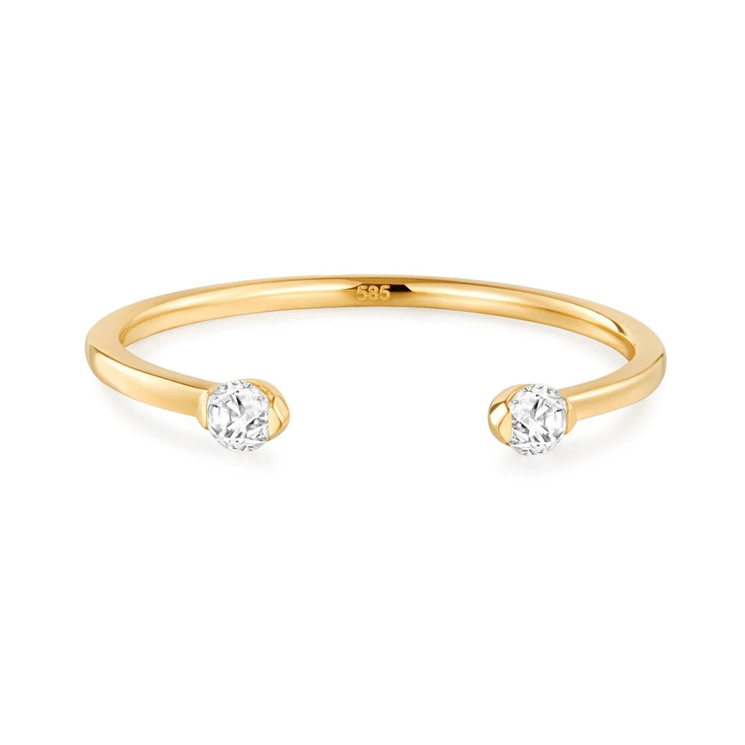 14K yellow gold open stacking ring with a round lab grown diamond at each end