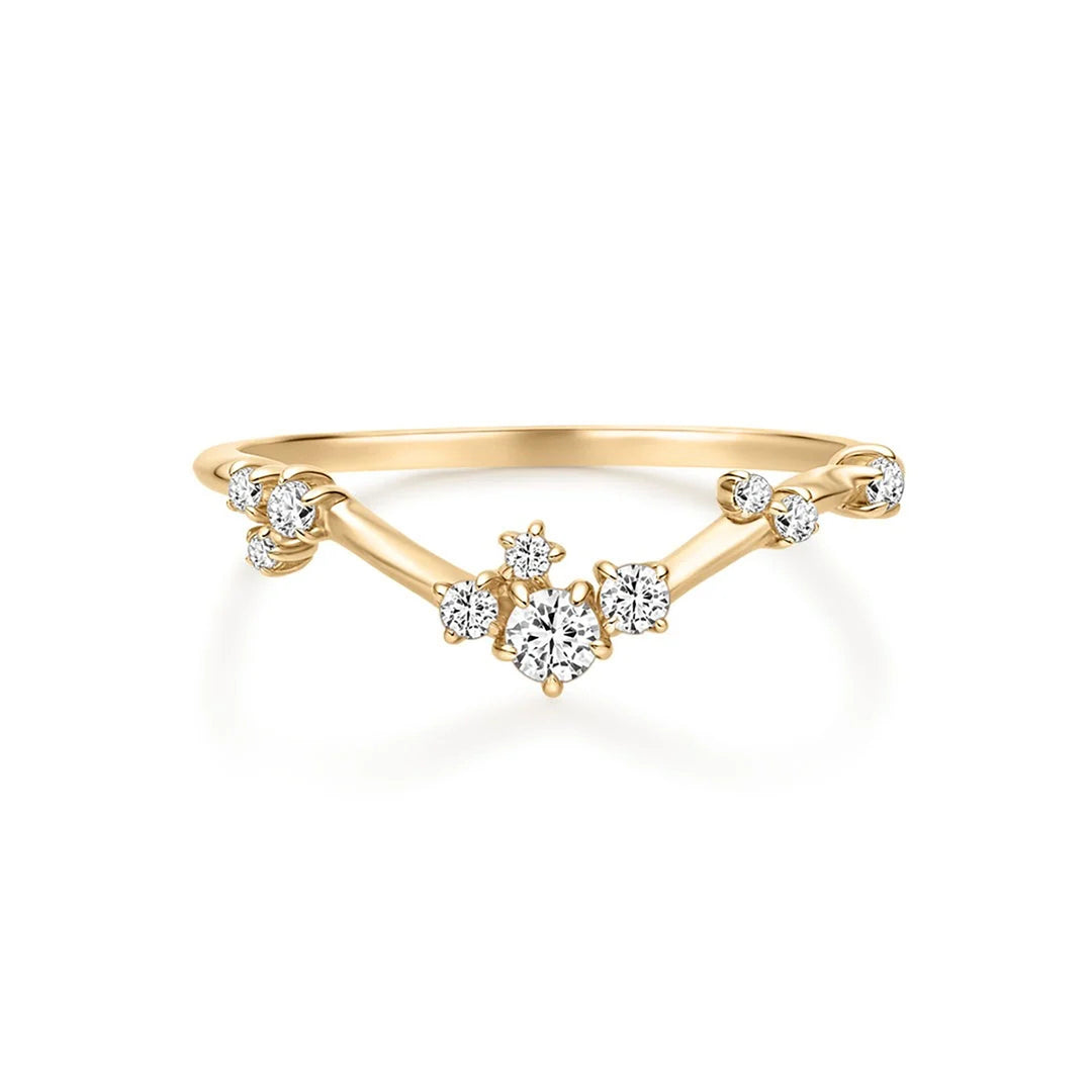 14K yellow gold V-shaped ring with a cluster of round lab grown diamonds