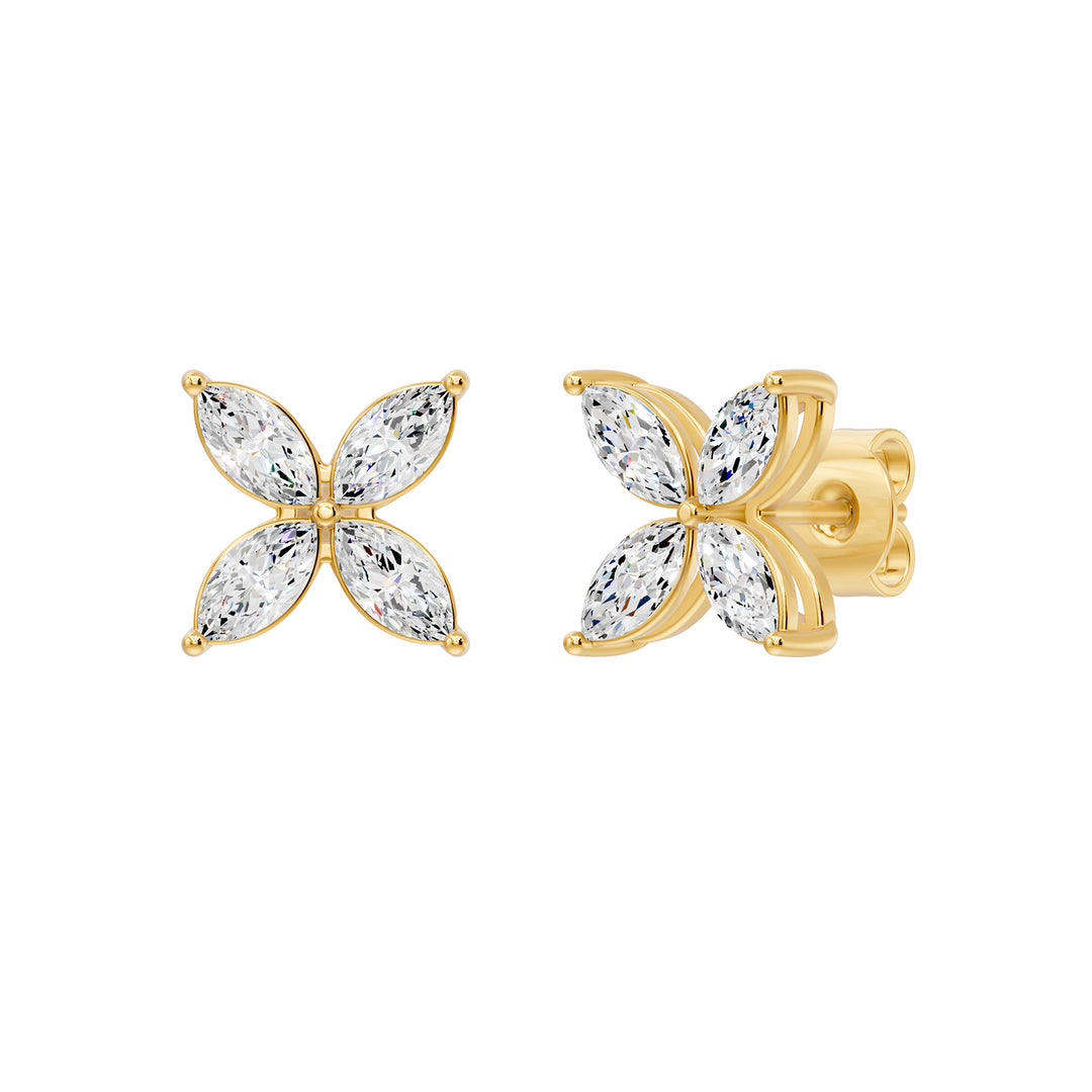 14K yellow gold flower stud earrings with four marquise lab grown diamonds each, front and angled view