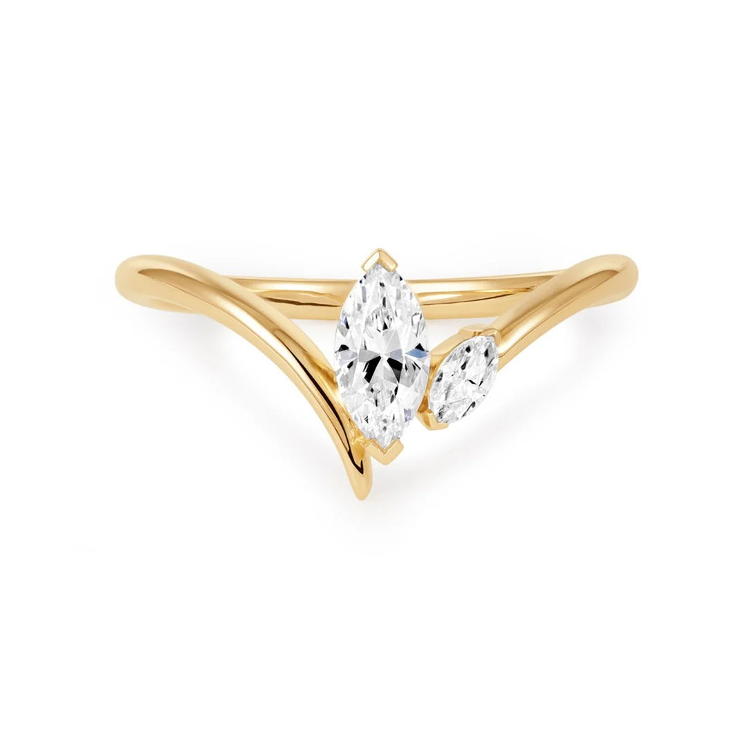 14K yellow gold V-band engagement ring with a large and a small marquise lab grown diamond