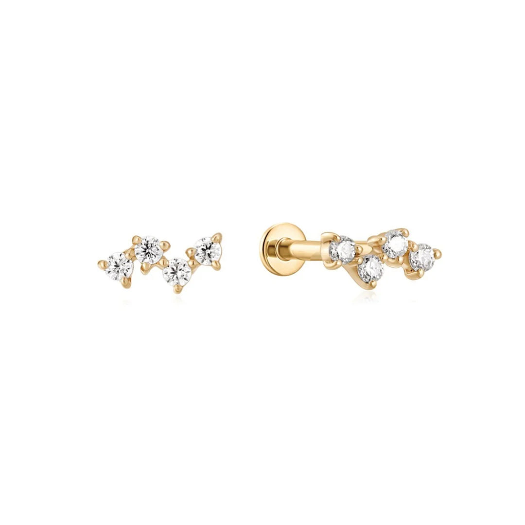 14K yellow gold flat back stud earrings with a curved cluster of round natural diamonds, front and side view