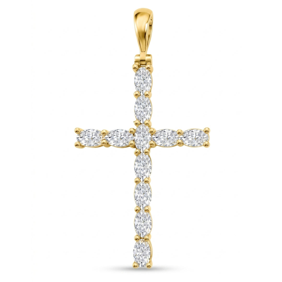 14K yellow gold cross pendant set with eleven oval lab grown diamonds and a polished bail