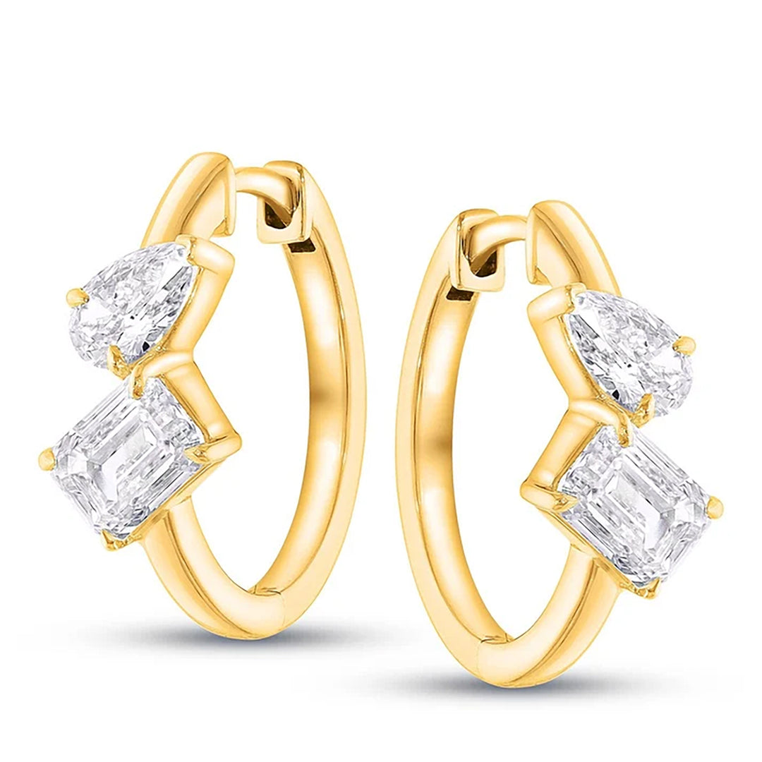 14K yellow gold hoop earrings each set with a pear-shaped and an emerald-cut lab grown diamond