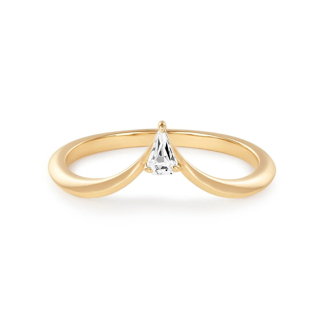 14K yellow gold chevron band ring with a pear-shaped lab grown diamond at the point