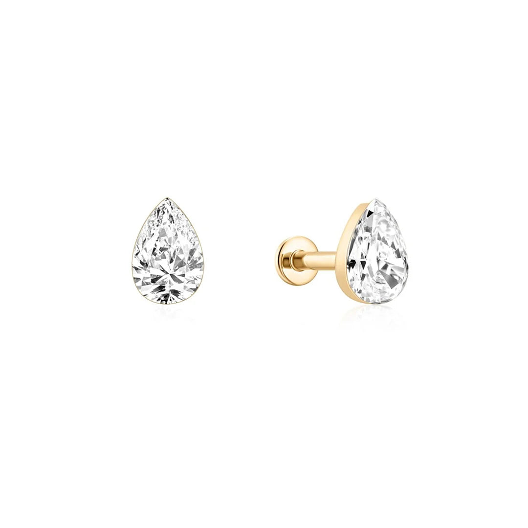 14K yellow gold flat back stud earrings with pear-shaped lab grown diamonds, front and side view