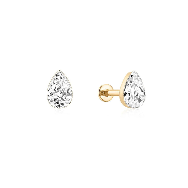 14K yellow gold flat back stud earrings with pear-shaped lab grown diamonds, front and side view