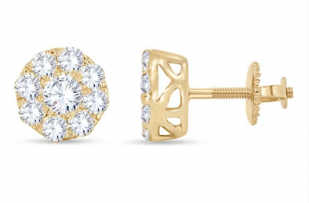 14K yellow gold round lab-grown diamond cluster stud earrings 1.02 carats