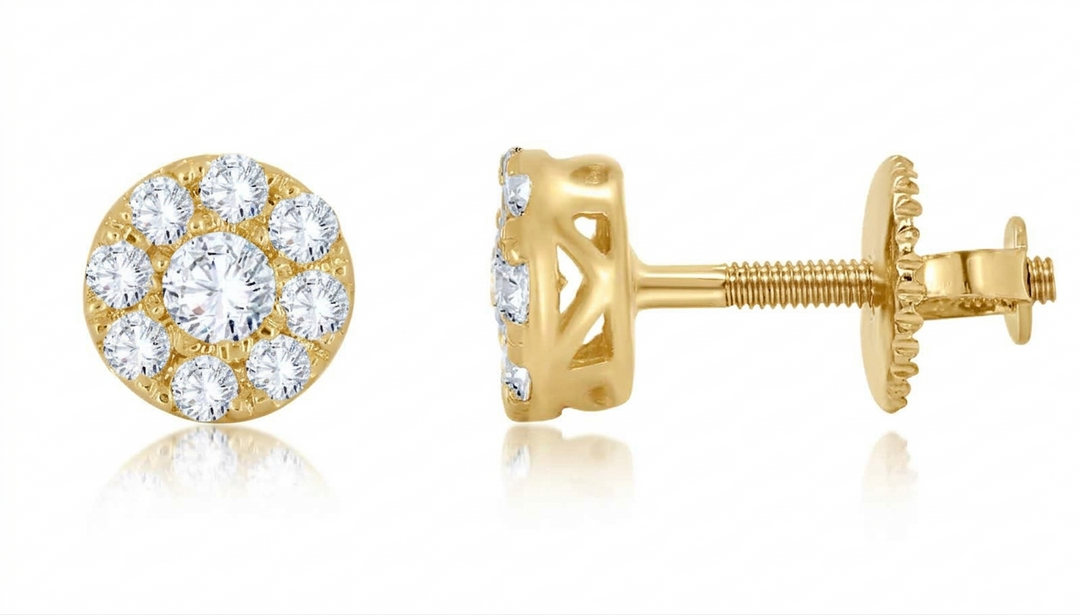 14K yellow gold round lab-grown diamond cluster stud earrings with screw backs