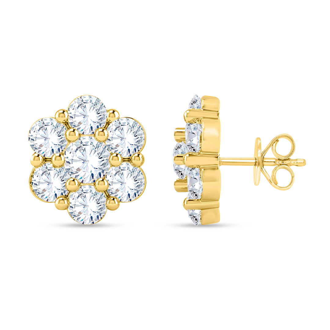 14K yellow gold round lab-grown diamond flower cluster stud earrings