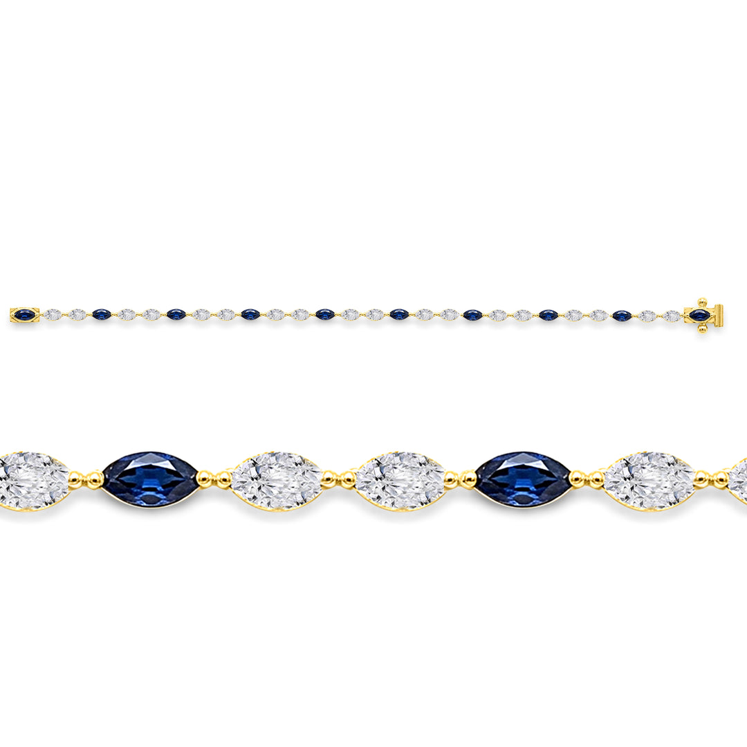 14K yellow gold tennis bracelet with marquise lab-grown blue sapphires and diamonds