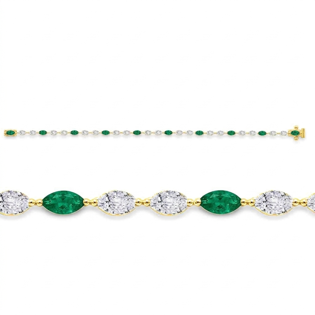 14K yellow gold tennis bracelet with marquise lab-grown emeralds and diamonds