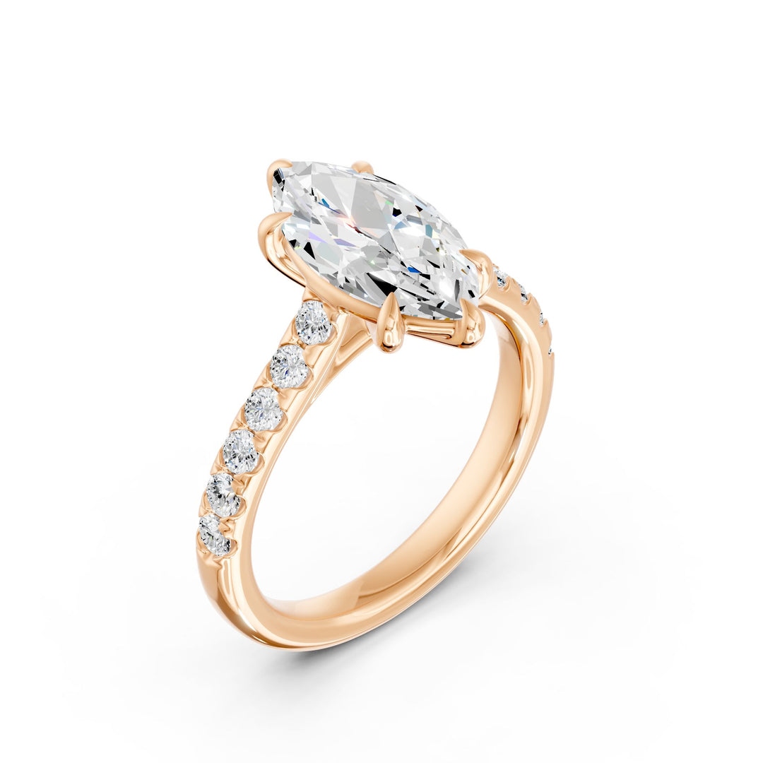 14K yellow gold wedding band set with marquise lab-grown diamond and pave band