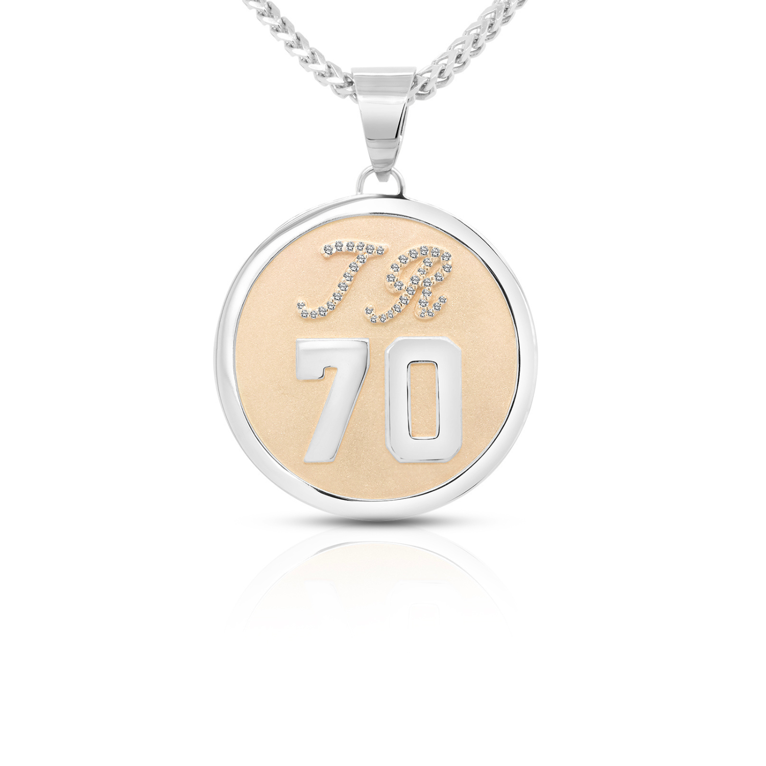 Custom 14 karat two-tone diamond TR initial and 70 milestone birthday pendant by AJ's Jewelry in Ridgewood Queens NY