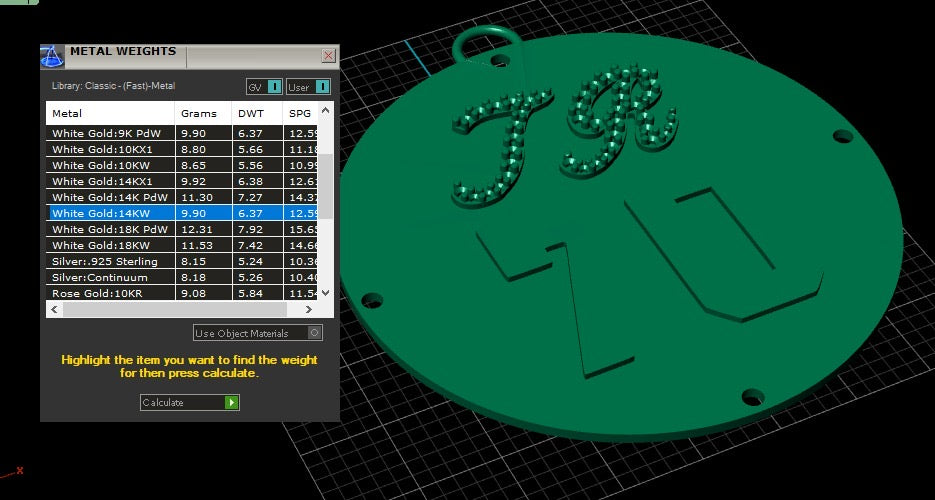 CAD model of the yellow gold base piece of the custom pendant carrying the diamond-set script TR initials and the bold 70