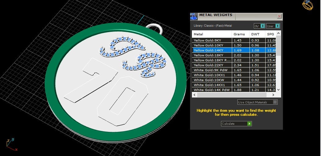 CAD render of the custom two-tone diamond initial and number pendant showing the diamond-set script TR initials and the bold 70 numeral inside the bezel