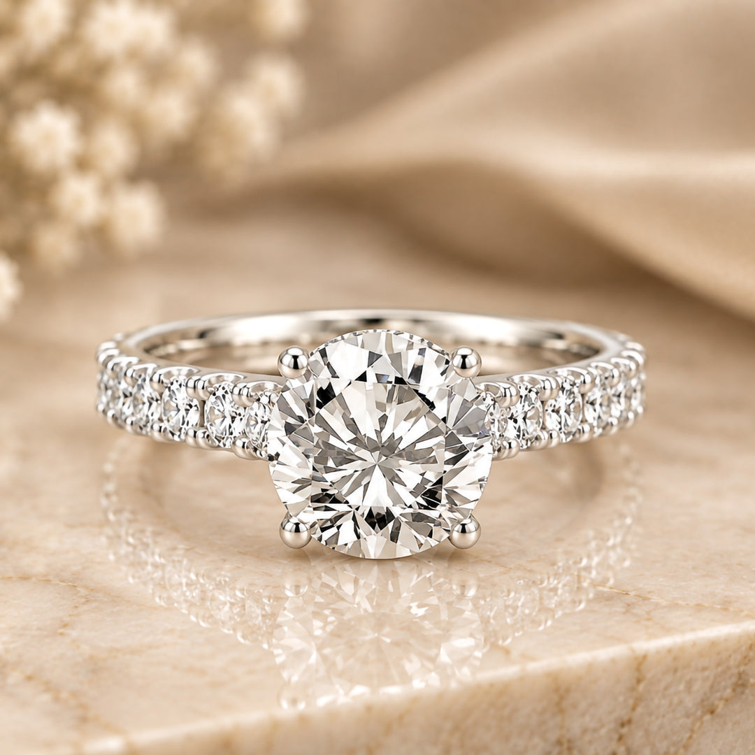 Front view of the 14 karat white gold 3ct round lab grown diamond engagement ring.